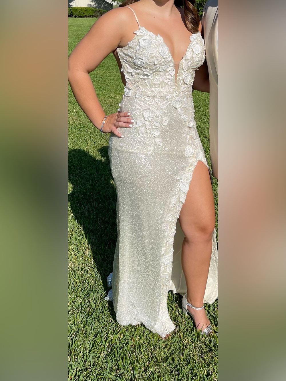 Jovani Ivory Sequin Floral-Applique Maxi Skirt with High Slit